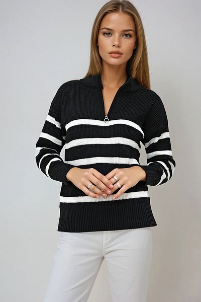 VAGGON Pulover cu dungi cu jumătate de fermoar, negru, alb, pentru femei, Prmx12973
