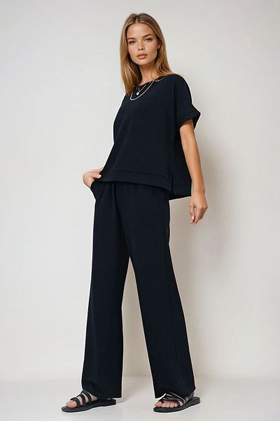 VAGGON Women's Black Boat Neck Half Sleeve Slit Detailed Blouse and Pocket Trousers Set Prmx13572