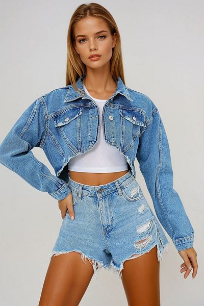 VAGGON Jachetă de blugi crop pentru femei, albastru, cu cusături vintage, cu detaliu de cusături Prmx13561