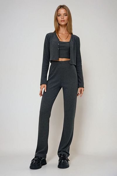 VAGGON Women's Anthracite Cotton Rope Strap Bustier V-Neck Crop Cardigan and Palazzo Pants Set Prmx13455