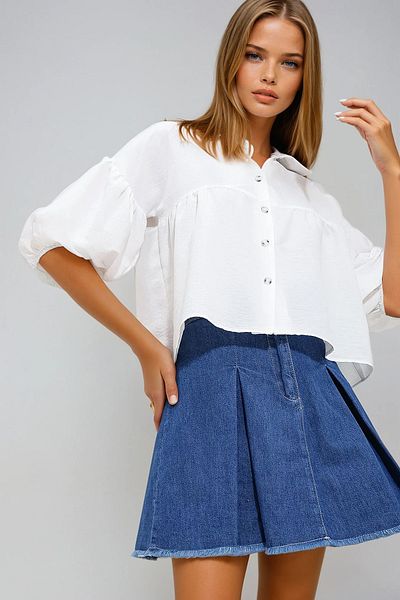 VAGGON Γυναικείο λευκό μπαλόνι μανίκι Roba Shirred Kubra Cotton Crop πουκάμισο Prmx11624