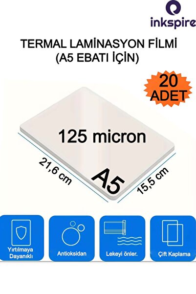 inkspire Termal Laminasyon Filmi A5 20 Adet 125 Micron Parlak Laminasyon 1 Pa...