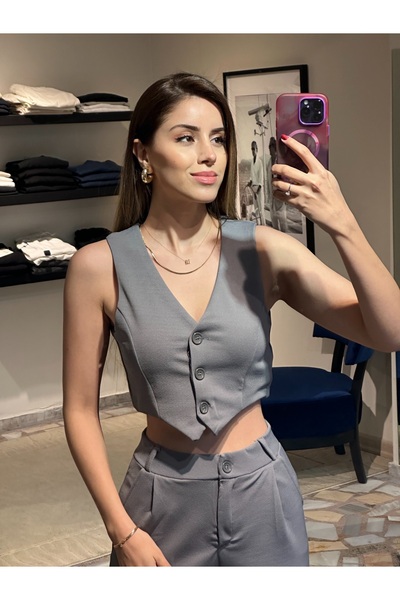 Butik Kadın Gri Crop Yelekli Alt-Üst Takım