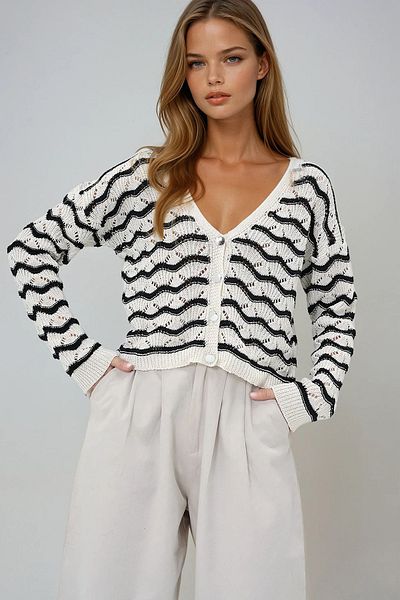 VAGGON Women's Ecru Black Striped Hole Openwork Summer Knitwear Cardigan Prmx13613