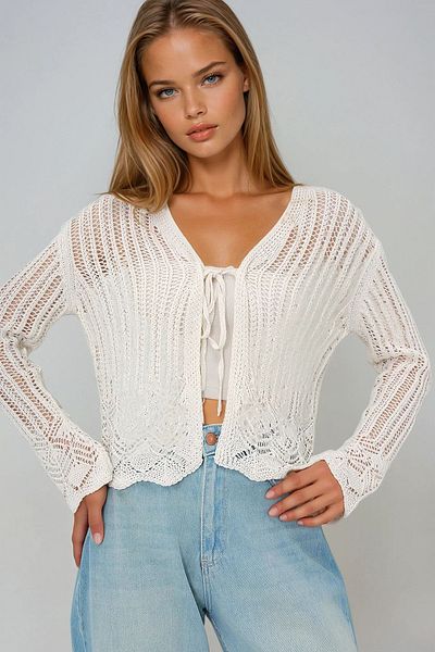 VAGGON Women's Ecru Hole Openwork Knitwear Cardigan Prmx13625