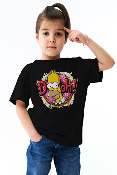 Kids تي شيرت أسود للأطفال مطبوع عليه The Simpsons Homer للجنسين