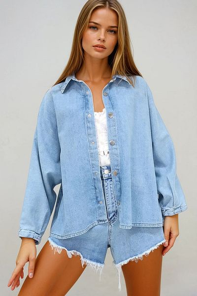VAGGON Jachetă de blugi de sezon pentru femei, albastru deschis, oversize, cu închidere cu fermoar