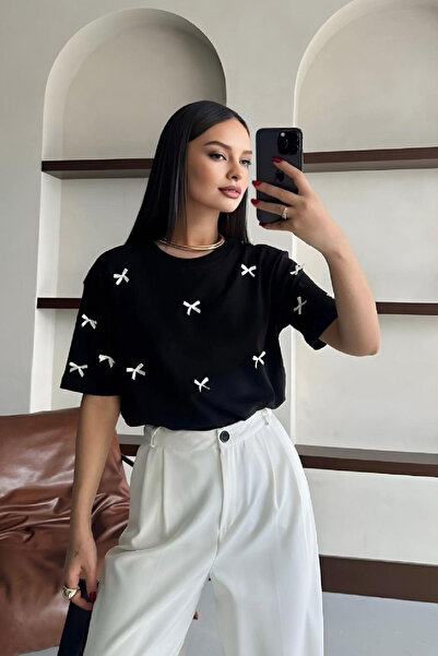 NATUFIAN STORE Tricou de damă cu fundă supradimensionată cu decolteu