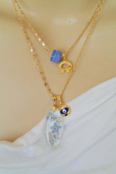 maycollection Gerçek Mavi Beni Unutma Çiçekleri Ebruli Mavi Cam Boncuk Gold F...