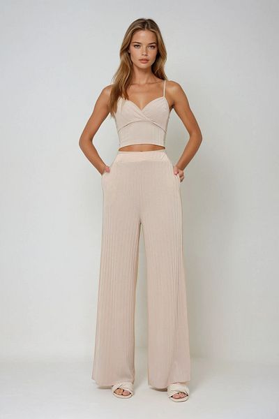 VAGGON Güler Γυναικεία Κρέμα Ρυθμιζόμενο λουράκι Bustier και Σετ Παντελόνι Palazzo Prmx13577