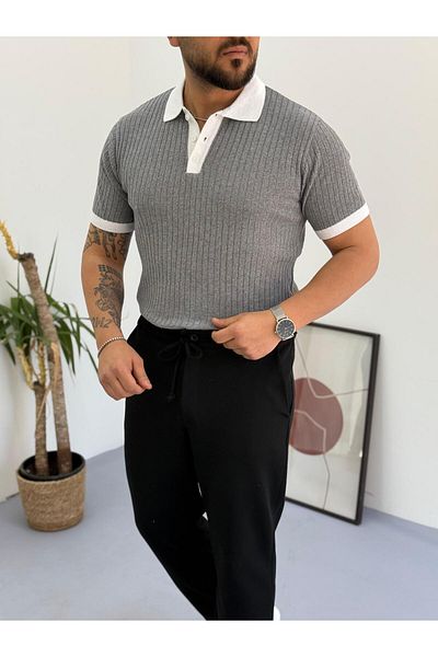 Combineman35 Men's 100% Cotton Collar and Sleeve Detailed Knitwear Polo Neck Short Sleeve Tshirt