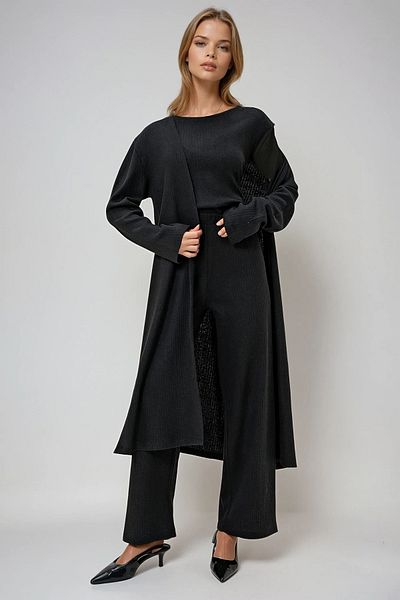 VAGGON طقم بلوزة وبنطلون وسترة صوفية مبطنة بكتف أسود للنساء Prmx4710-rv