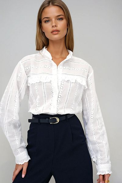 VAGGON Women's White Judge Collar Robe Ruffled Woven Shirt Prmx13424