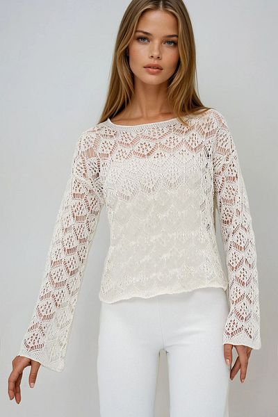 VAGGON Women's Ecru Wide Collar Motif Knitwear Blouse Prmx13611