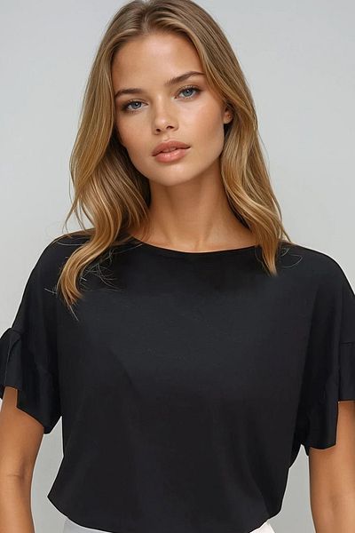 VAGGON Tricou de bază negru pentru femei, cu mâneci cu volane, Prmx13542