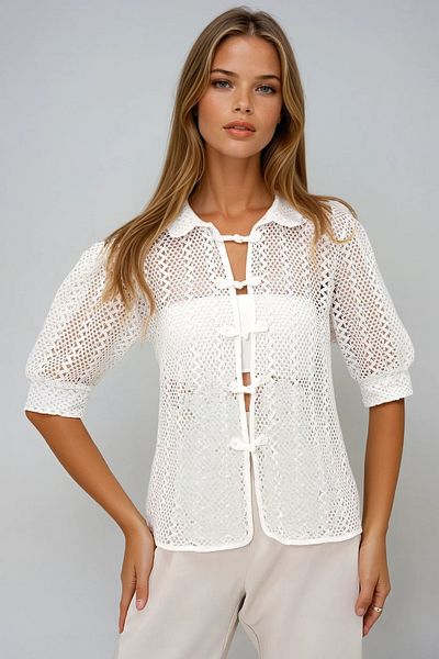 VAGGON Women's Ecru Baby Collar Princess Sleeve Knot Closure Summer Shirt Prmx13418