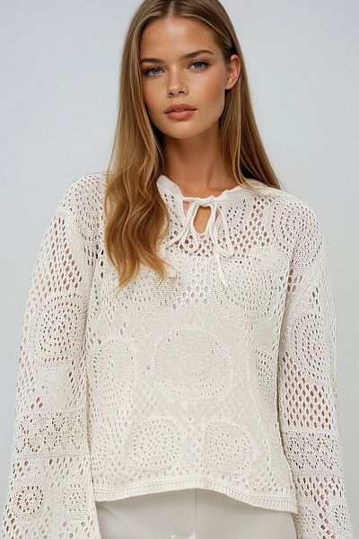 VAGGON Women's Vanilla Front Lace up Openwork Motif Summer Knitwear Blouse Prmx13624