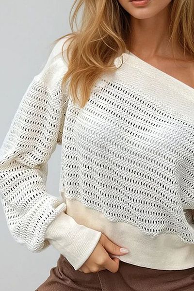 VAGGON Women's Ecru Boat Neck Self-Textured Crop Sweatshirt Prmx10861
