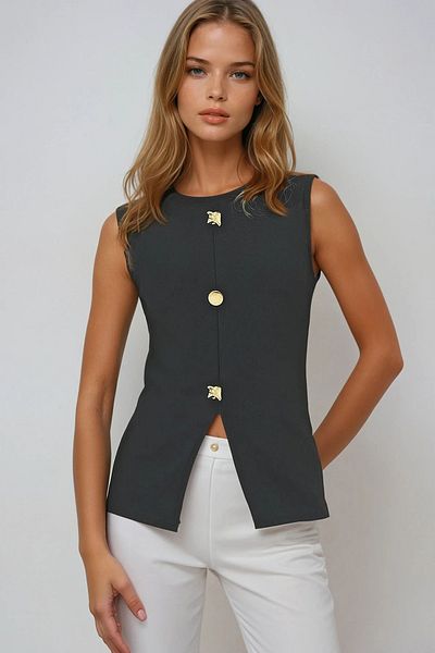 VAGGON Women's Anthracite Crew Neck Gold Buttoned Ottoban Blouse Prmx13729