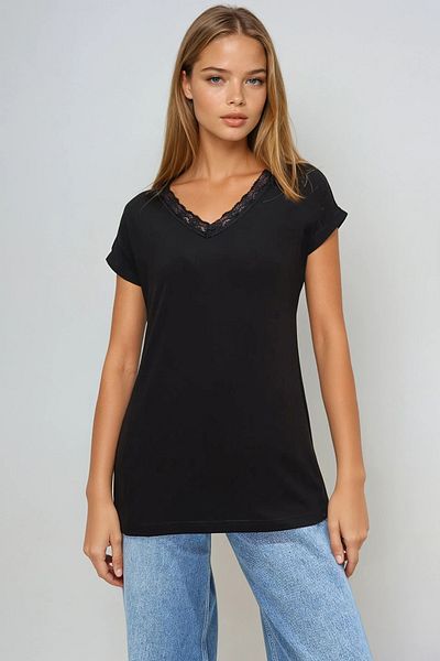 VAGGON Tricou negru cu decolteu în V pentru femei, cu mâneci zero, cu dantelă, Prmx13531