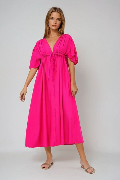 VAGGON Guluk Fuchsia γιακάς χωρίς πλάτη με κορδόνια με λεπτομέρεια με κουμπιά μπροστά καλοκαιρινό φόρεμα ποπλίνα