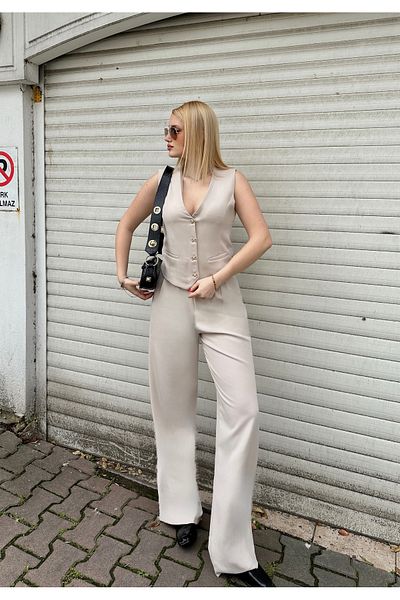 FİOXCO Laris Gold Butterfly Button Detail Lined Vest Palazzo Pants Set