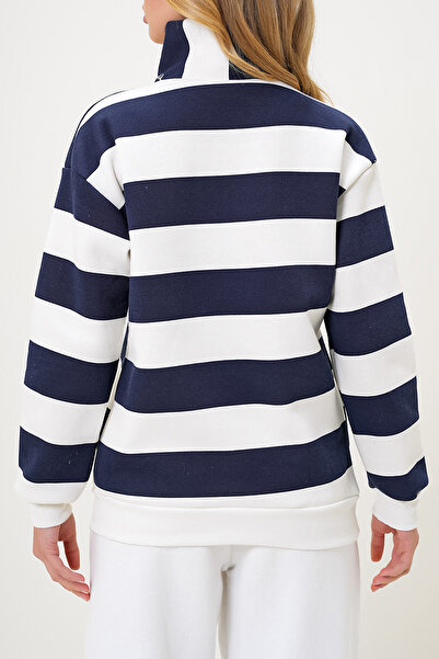 VAGGON Жіночий темно-синій светр з рибальським коміром, застібкою-блискавкою спереду, смугастим тринитковим внутрішнім шаром і шерстяною підкладкою Prmx13239