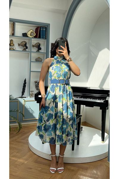 NIDAFASHION Halter Neck Belt Lined Chiffon Print Dress