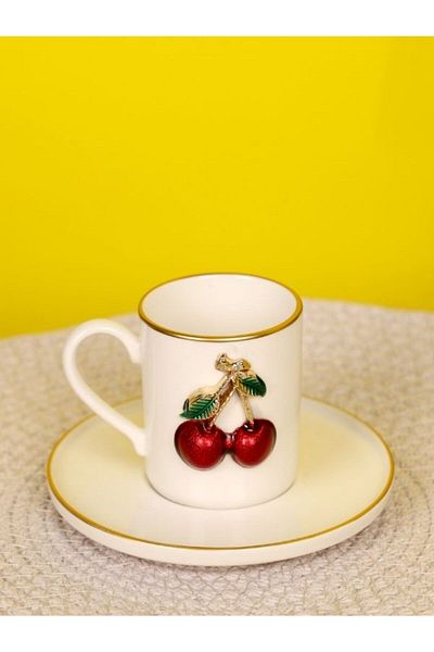 Viyalente 2 Person White Porcelain Phenomenon Cherry Coffee Cup Set Presentation Cup