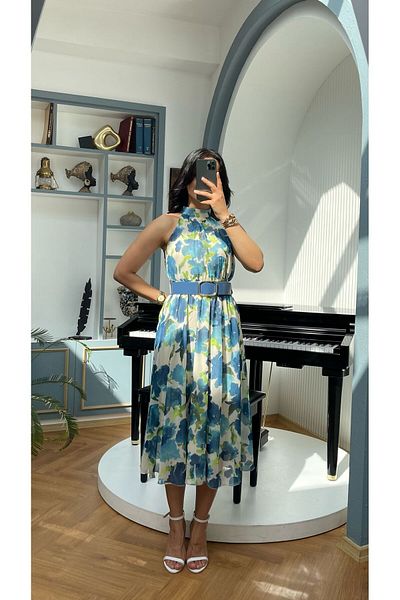 NIDAFASHION Halter Neck Belt Lined Chiffon Print Dress