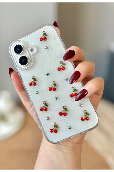 MİRAZ TASARIM IPHONE 16 3D TAŞLI KİRAZ DEKORLU EPOKSİ TASARIMLI ŞEFFAF KILIF