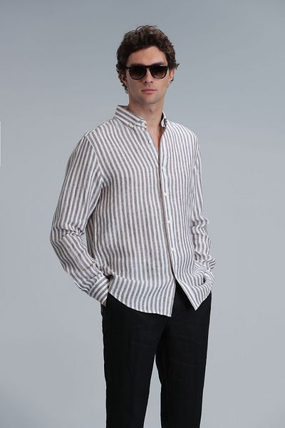 Lufian Ανδρικό πουκάμισο Basic Regular Fit καφέ - Νέο