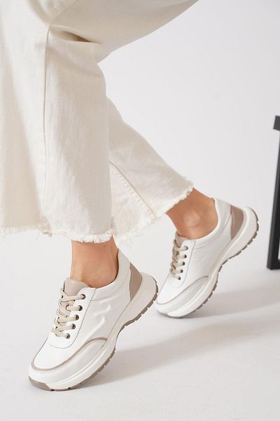 Moda Pie Pantofi sport de damă - piele albă - relief lateral - Manny