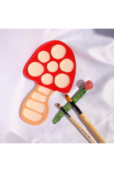Lily & Loly Ceramics Hand Earn Ceramic Mushroom Painting Palette & Green Brush Holder 2 Pic Set 10Cm*20Cm