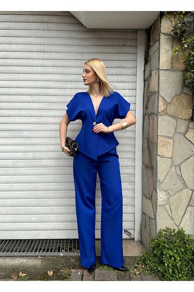 FİOXCO Valera Buttoned Bat Sleeve Lined Jacket Palazzo Pants Saks Blue Blazer Suit