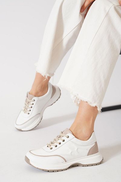 Moda Pie Pantofi sport de damă - piele albă - relief lateral - Manny