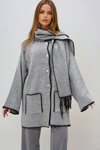 VAGGON Women's Gray Double Pocket Shepherd Stitching Detailed Oversize Cardigan and Scarf Set Prmx13221