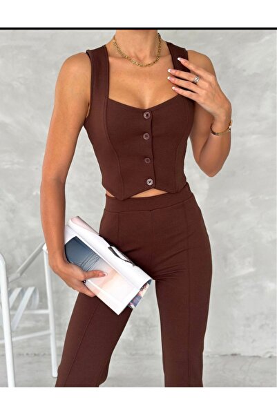 Butik Merrline Жіночий коричневий жакардовий костюм з жилеткою, високою талією та широкими штанинами