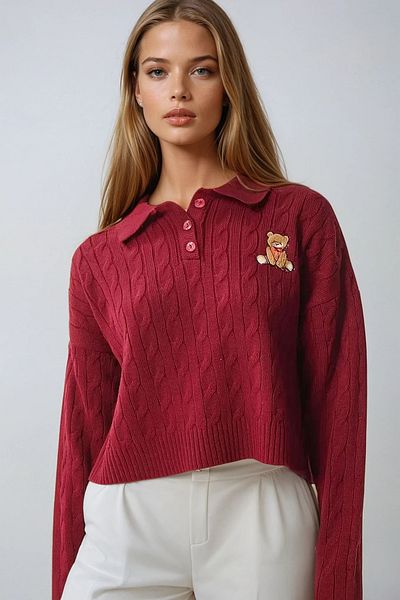 VAGGON Pulover tricotat pentru femei, cu guler polo, tricotat cu ursuleț de pluș, Prmx13339