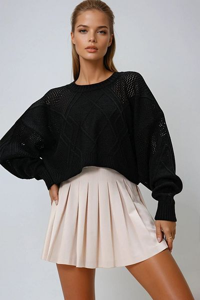 VAGGON Pulover negru pentru femei, cu gâtul turn, cu umeri ajurat, tricotaj, Prmx13132