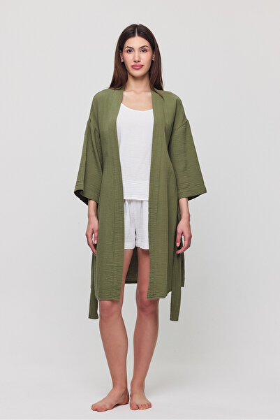 Zeliha Baysan Kadın Müslin Bağlamalı Haki Oversize Sabahlık