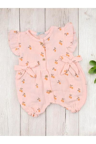 Nanon Baby Altıntaş Baby - Cherry Pompom Patterned Muslin Bow Jumpsuit