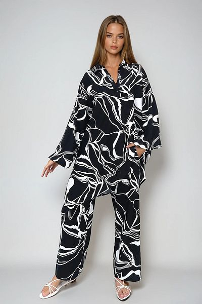 VAGGON Women's Black and White Shirt Collar Buttoned Long Tunic and Palazzo Pants Set Prmx13642