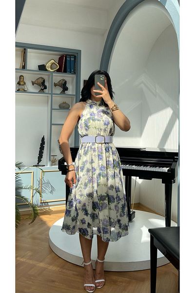 NIDAFASHION Halter Neck Belt Lined Chiffon Print Dress