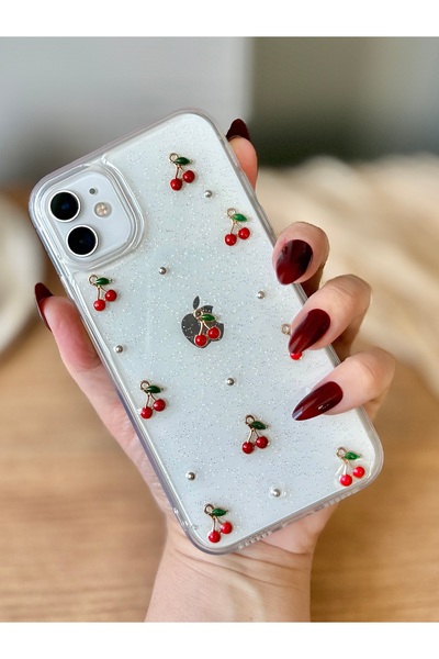 MİRAZ TASARIM IPHONE 11 3D TAŞLI KİRAZ DEKORLU EPOKSİ TASARIMLI ŞEFFAF KILIF