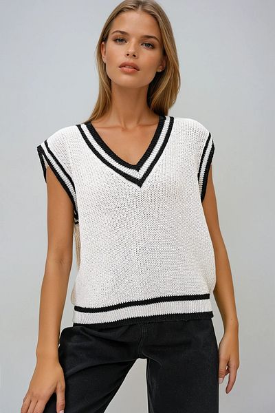 VAGGON Women's Cream V-Neck Stripe Detailed Knitwear Sweater Prmx13193
