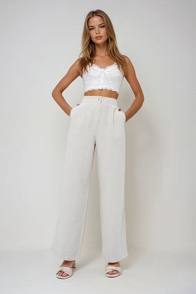 VAGGON Women's Stone Double Pocket Linen Palazzo Trousers Prmx13636