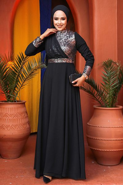 Neva Style Rochie de seară hijab argintie brodata cu paiete 5793gms