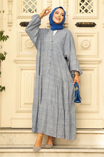 Neva Style Navy Blue Hijab Dress - Buttoned, Model No: 23452l