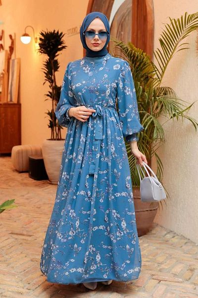 Neva Style Φόρεμα Hijab με μοτίβο λουλουδιών Indigo Blue 56832ım